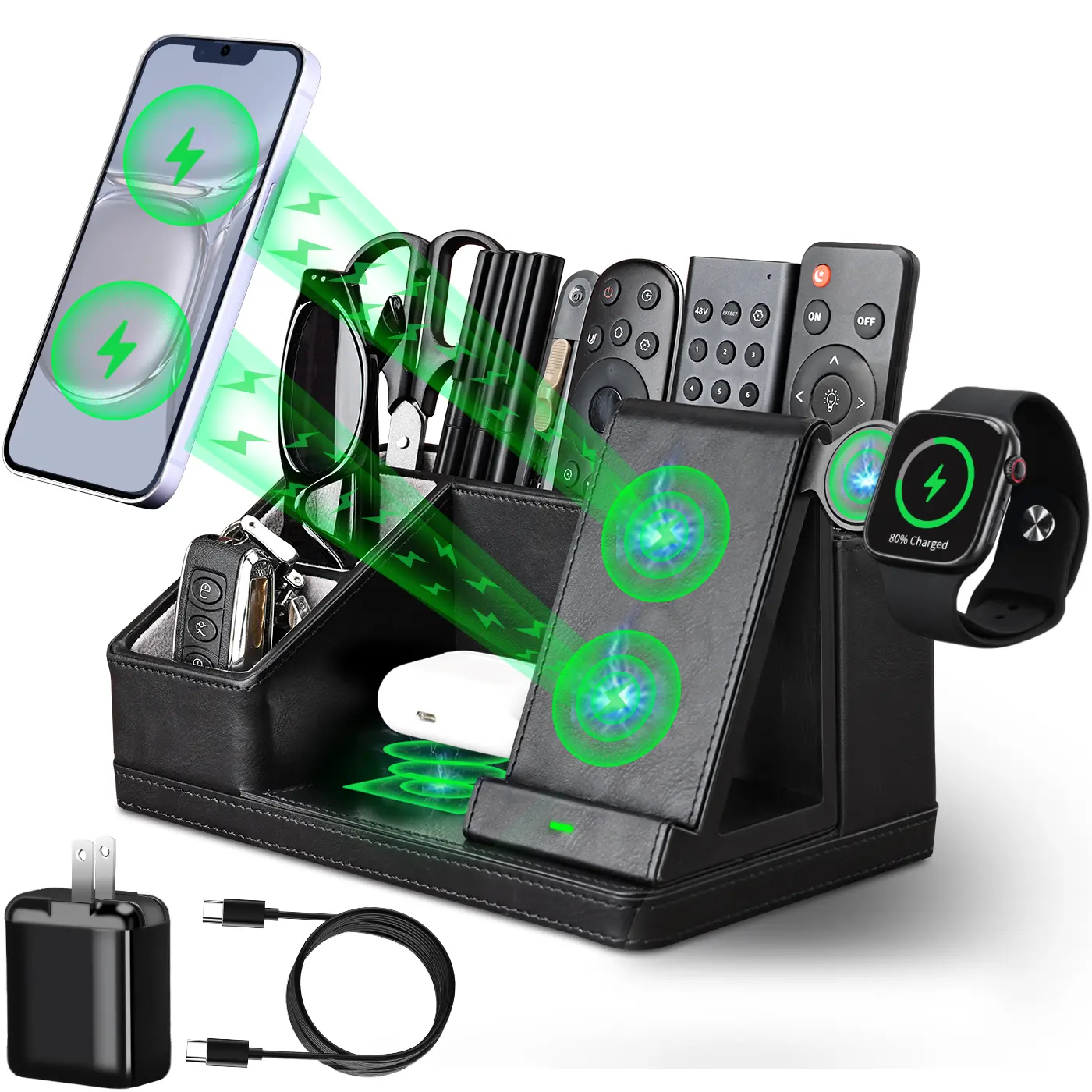 Black Leather Desk Organizer With Charging Station,Office Supplies Desk Accessories,Pen Holder for Desk,Remote Control Holder,Desk Organizer With Phone Charger,Nightstand Desktop Organizer