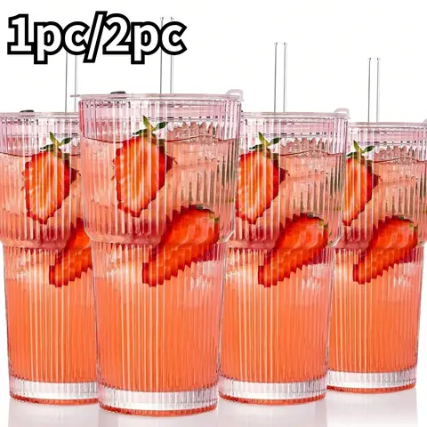 Large Capacity Clear Striped Glass Cup with Lid, Insulated, Multi-Purpose Drinking Glassware, Iced Coffee Glass, for Cold Drinks, Juice and Coffee, Ideal for Home and Office Use, Drinkware, Stylish Glass Cups, Glass Beverage Cups, Kitchen Drinkware Cups