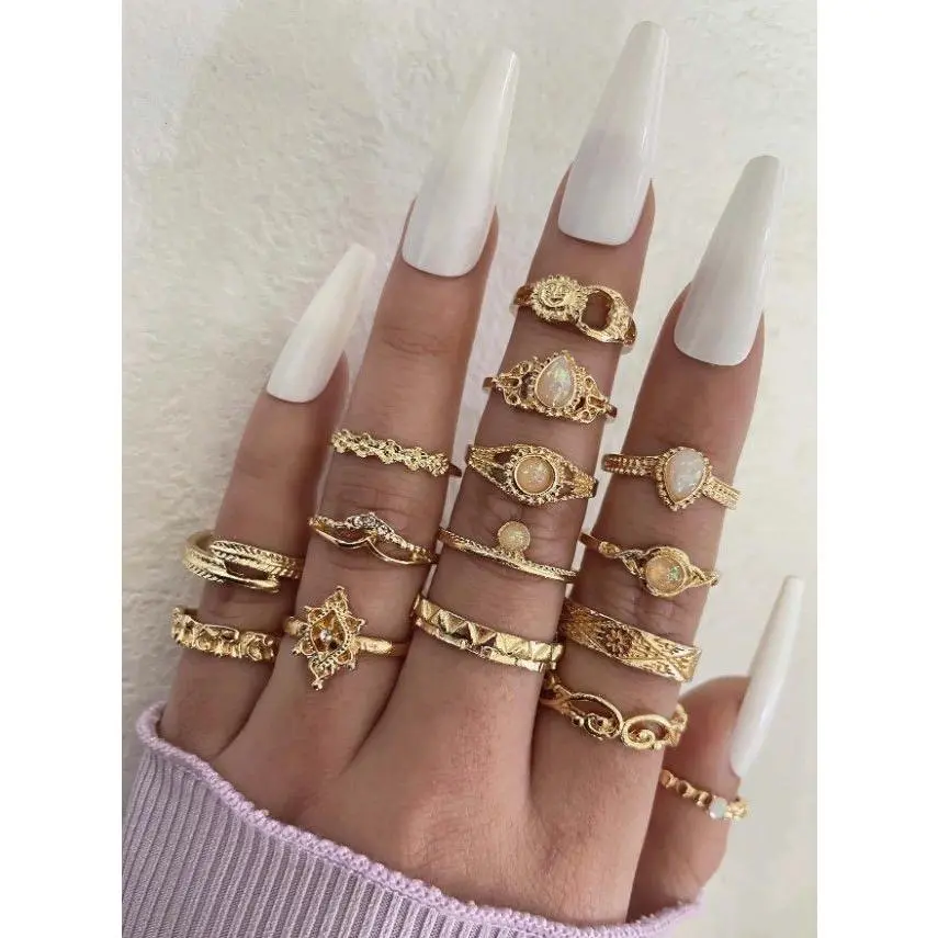 15pcs Fashionable Rhinestone & Gemstone Ring Set, Elegant Jewelry for Engagement & Celebrations