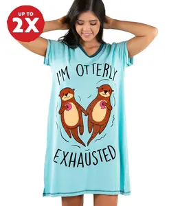 LazyOne | Otterly Exhausted Light Blue Women's V-Neck Nightshirt - Nightgown, Funny V-Neck Sleep Shirt for Women, Novelty Pajama Shirts