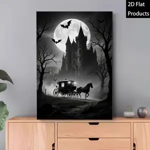 Black & White Haunted Castle Midnight Carriage  - Gothic Victorian Wood Framed  Art, Spooky Ready-to-Hang Decor for Halloween Bedroom Living Room   Art Poster Newspaper brand wall Abstract Gold Ink Splash Mural Time Is Money Canvas Painting