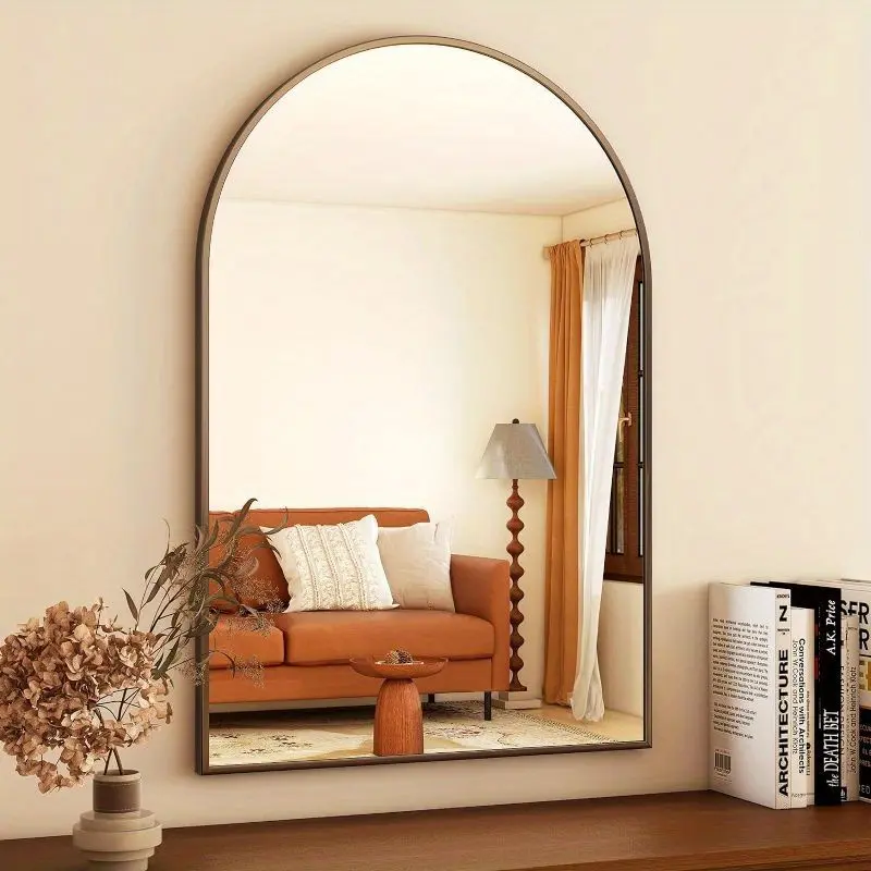 New 24x36 Inch Large Arched Bathroom Mirror - Elegant Black and Gold Metal Frame Wall Mounted Vanity Mirror for Bathroom Bedroom and Living Room - Glass Material Durable and Easy to Clean