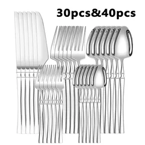 30/40 Pieces Stainless Steel Elegant Silverware Set, Includes Forks Spoons And Knives Set Service For 6-8 ,Cutlery Set Suitable  Home Kitchen Restaurant Hotel,Dishwasher Safe Eating Utensils Set