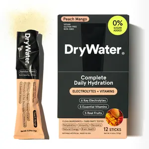 DryWater Complete Daily Hydration (12 Pack) - Peach Mango. 6 Electrolytes + 5 Vitamins + 1 Amino Acid. No Added Sugar, Nothing Artificial, Real Fruit, Vegan, Gluten Free - (12 Stick Packs)