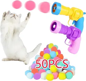 Cat Ball Launcher Toy, 50PCS Cat Pompom Ball and 2 Cat Ball Toy Launcher, Soft Interactive Cat Balls, Cat Exercise, Pet Essential
