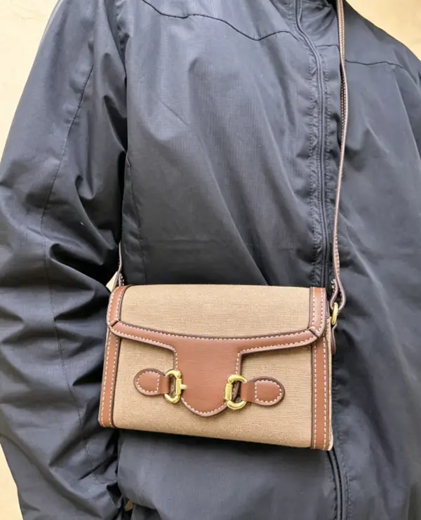 Khaki Canvas & Leather Crossbody Bag for Women, Vintage Buckle Flap Shoulder Purse, Gold Hardware Designer Inspired Bag, Old Money Aesthetic Everyday & Going Out Satchel