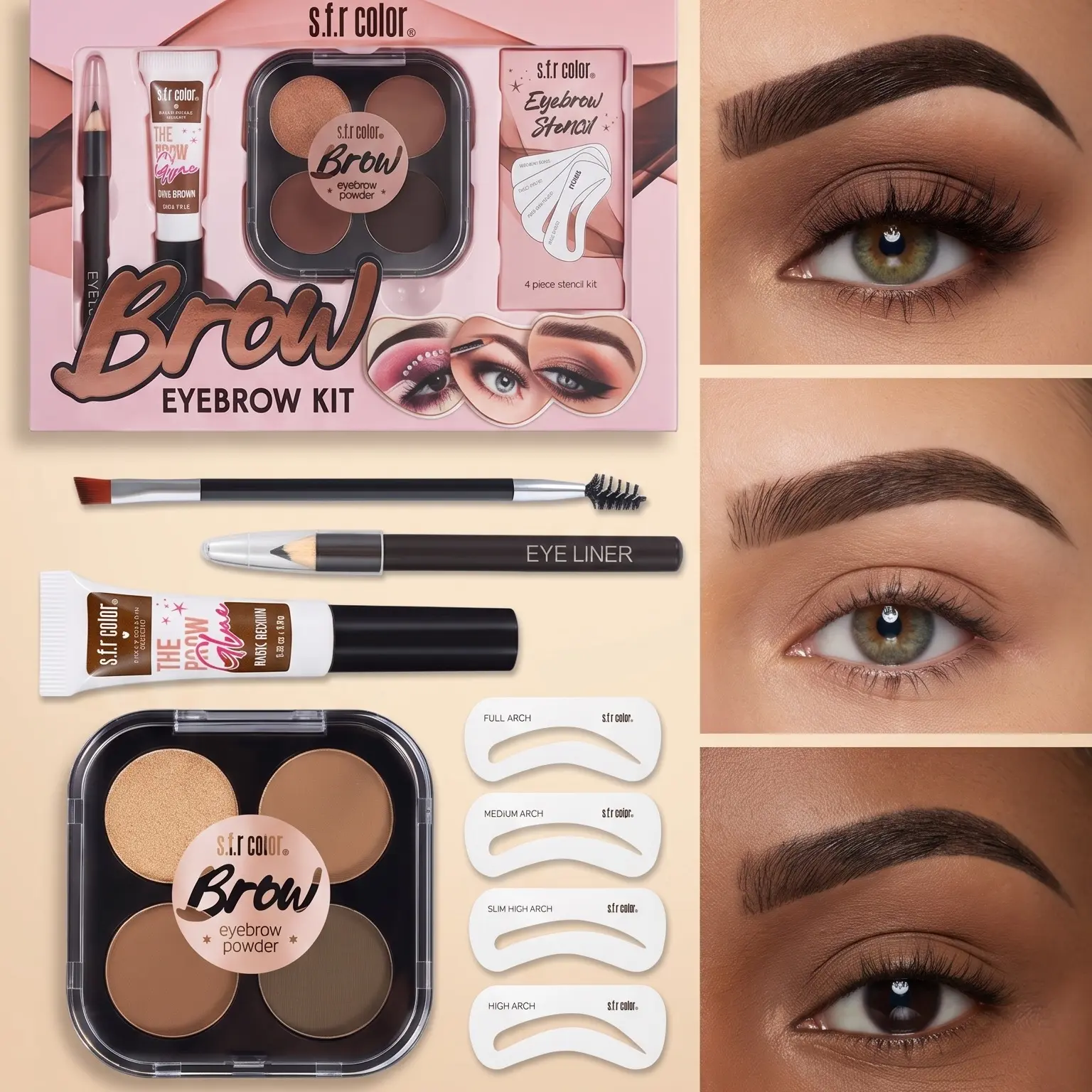 4-in-1 Eyebrow Kit with Brow Powder, Eyebrow Cream, Brush & Stencils, Waterproof Long Lasting Natural Brow Makeup Set for Women