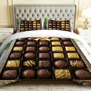 3PCS Duvet Cover Set, 1 Duvet+2 Pillowcases(Without filler), Chocolate Luxury Comfort Gourmet theme, Christmas bedding set, Elegant Chocolate Design Suitable for decoration bedroom, hotel, guest room, luxury suite.
