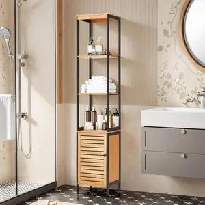 Aecojoy Tall Toilet Storage Cabinet 5 Tier Floor Shelving Unit with Open Shelves & Cabinet Storage, Premium Moso Bamboo for Bathroom, Kitchen, or Living Room
