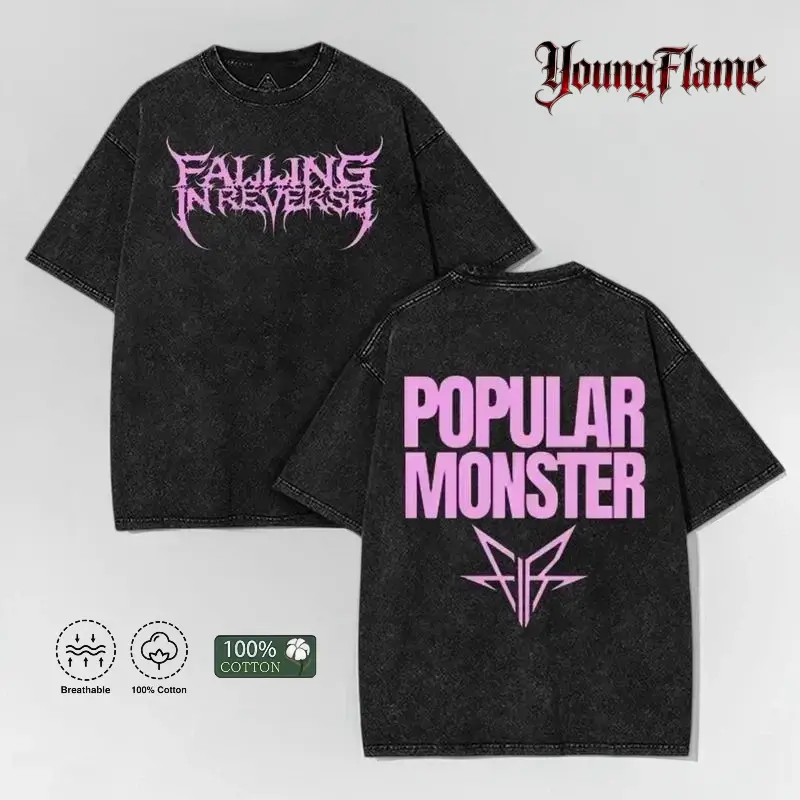 Men's 2025 Falling In Reverse Tour Graphic T-Shirt - Round Neck Metal Rock Band Casual Print Tee, Vintage Washed Oversized Lightweight Cotton Aesthetic Top, Breathable Unisex Streetwear Merch for Summer Outdoor Use