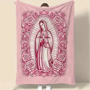 Coquette Pink Virgin Mary  - Our Lady of Guadalupe Rose Pattern Throw. Cute Catholic Aesthetic Room Decor. Soft Floral Religious Fleece Bedding, Trendy Faith Gift for Her Women Teen Girl multi-purpose cozy throw  baseball blanket anime flannel
