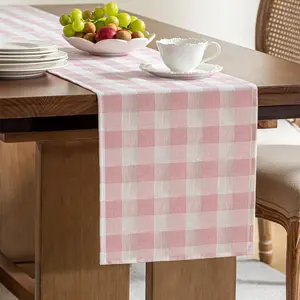 Gingham Table Runner, Cotton Linen Style Picnic Checkered Table Runners Farmhouse Buffalo Plaid Baby Shower Birthday Party Decoration Home Dining Kitchec Decor, Pink 13x108
