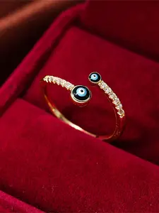 Fashion Evil Eye Design Cuff Ring, Adjustable Rings, Elegant Rhinestone Decor Ring for Women, Trendy All-match & Exquisite Jewelry for Birthday Gift
