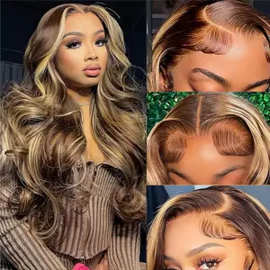 Highlight P4/27 Honey Blonde Body Wave Lace Front Wig 13x6 Brown Colored Human Hair Wigs with Baby Hair for Women 99J/Natural Black 180% Density