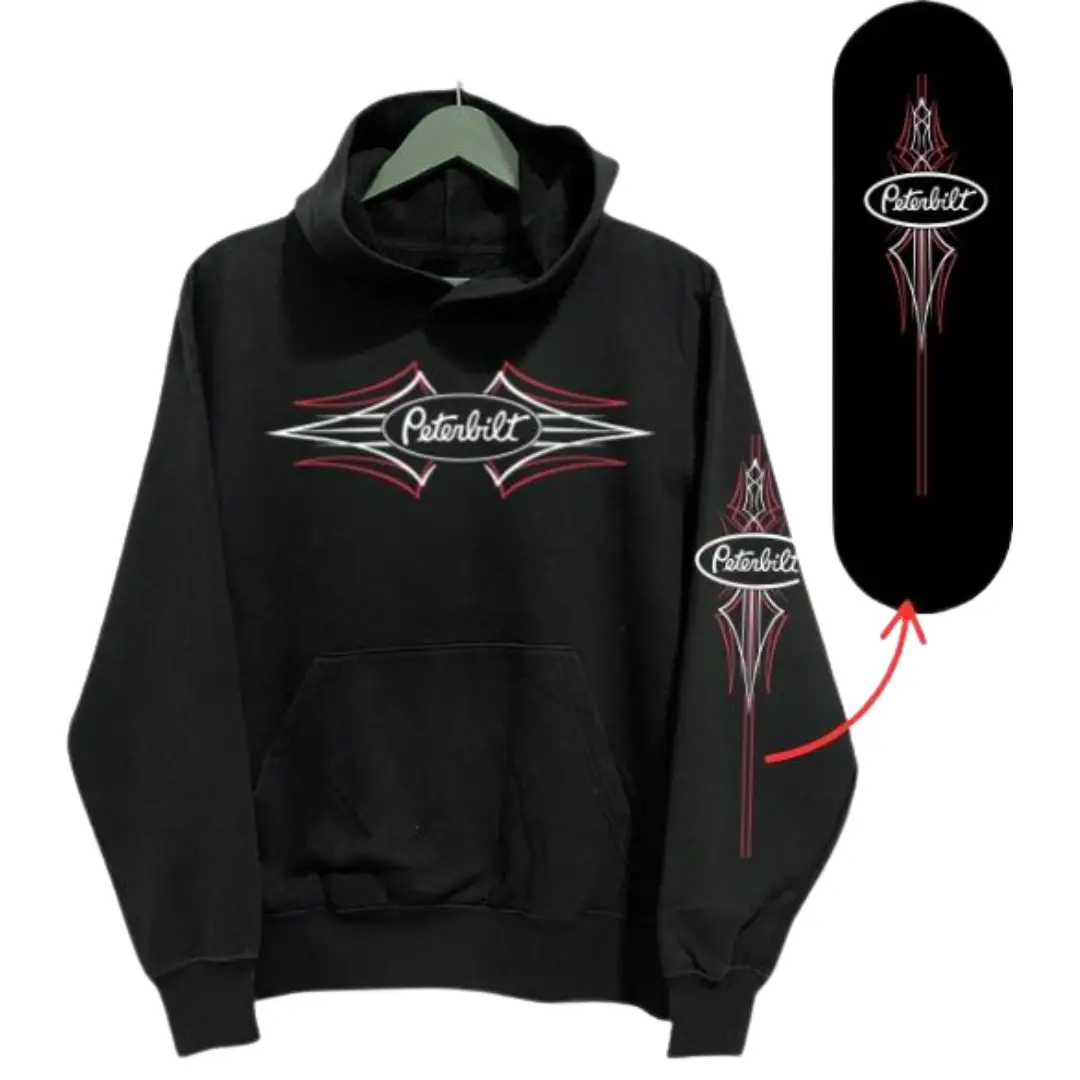 Peterbilt Pinstripe Hoodie, Custom Hot Rod Truck Graphic Pullover, Peterbilt Pinstripe Logo Shirt, Front & Sleeve Design, Unisex Sweatshirt for Men and Women