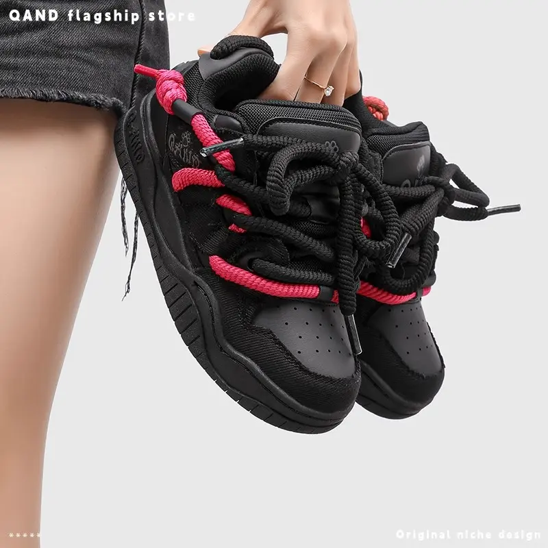 QAND Unisex Chunky Shoes, Color-Blocked Silk-like Leather Athletic Casual Trainer with 5cm Height Increasing Non-Slip Sole, Footwear, Sneaker, City Street Fashion Casual Trainers, Anti-Slip Casual Trainers, Chunky Skate Casual Trainers