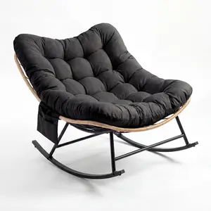Oversized Outdoor Rocking Chair, Heavy Duty Rattan Wicker Patio Rocker with Thick Removable Cushion, All-Weather Garden Egg Chair for Porch, Balcony, Backyard – 450 Lbs Capacity