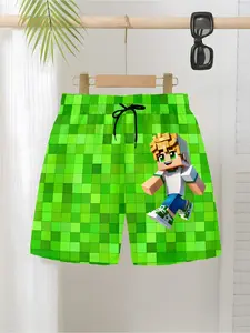 Children 3D Printed Pixel Cartoon Beach Pants, Swim Board Shorts, Summer Vacation Swimwear, Cool Boys' Seaside, Fitted Knee Length, Drawstring Waist