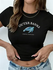 Outer Banks North Carolina Sea Turtle Graphic T Shirt, Y2K Slim Fit Crop Top for Women, Summer Beach Casual Aesthetic Streetwear, Vintage Vacation Tee for Daily Wear, Going Out, Travel