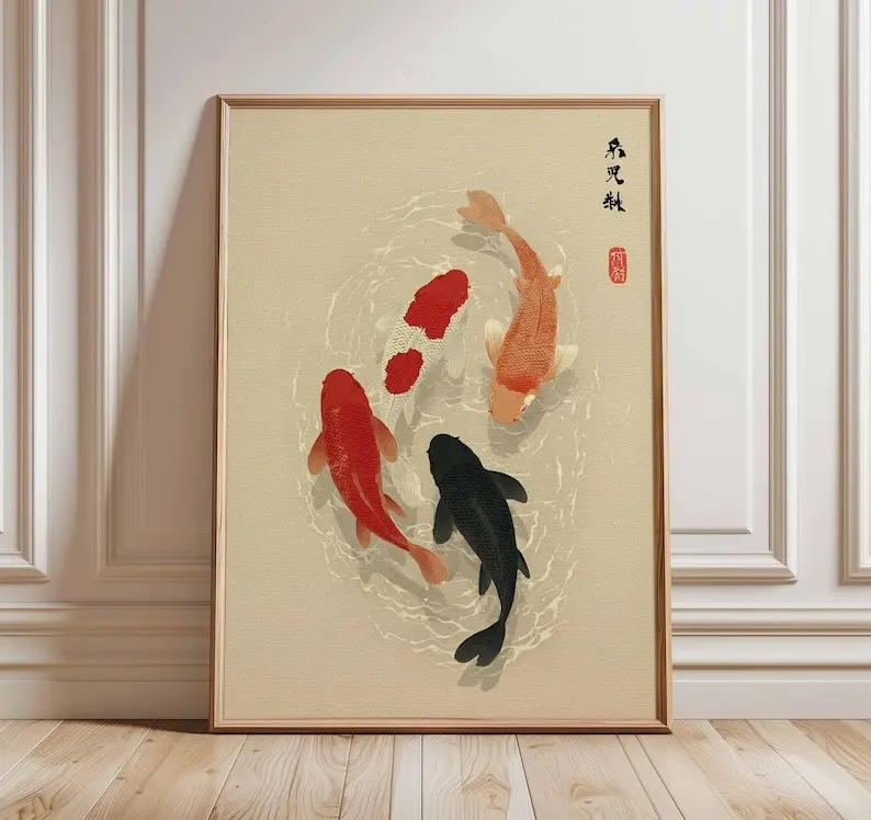 Japanese Koi Fish Poster, Minimalist Asian Wall Art, Zen Water Painting, Japandi Decor, Tranquil Pond Print Unframed