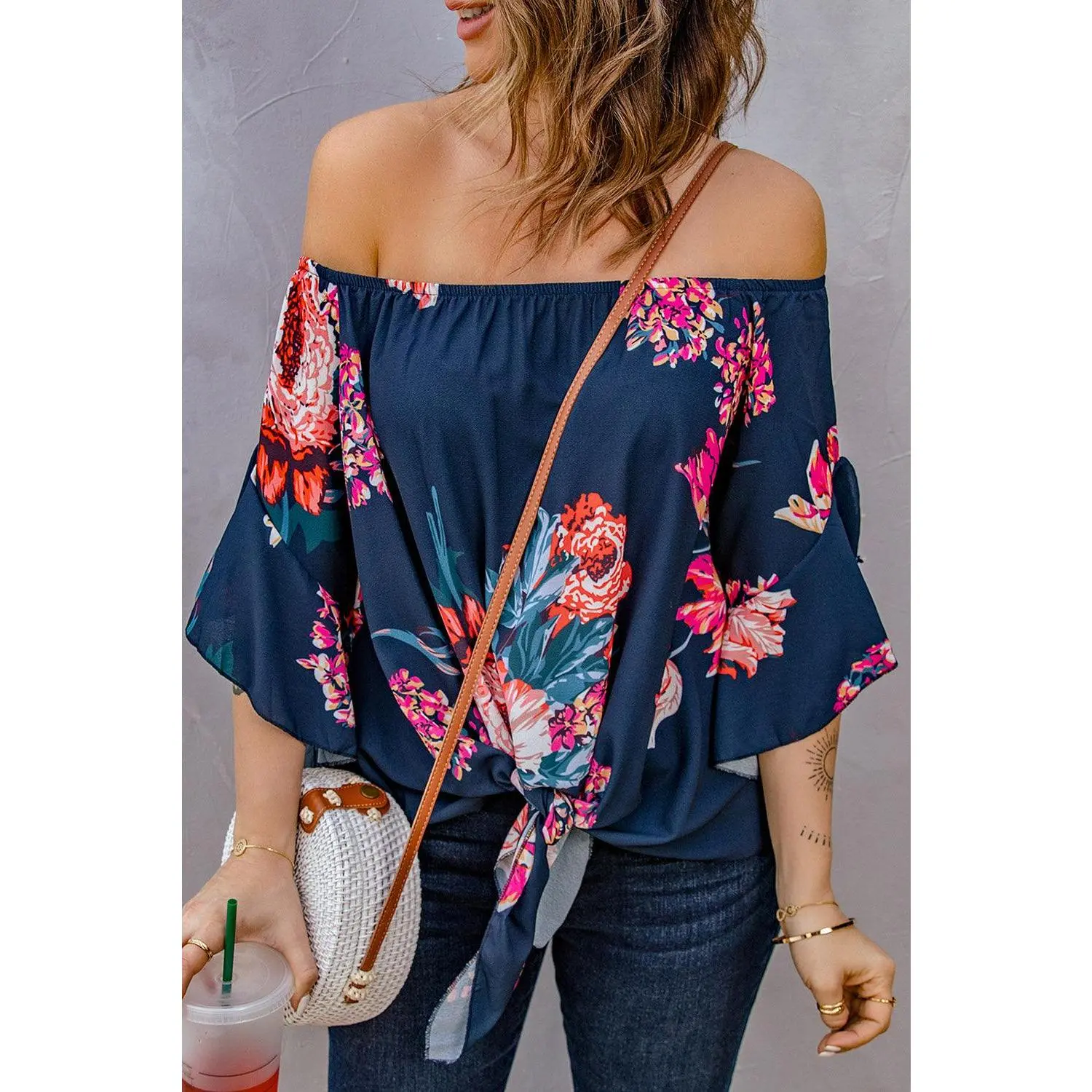 Printed Off-Shoulder Flounce Sleeve Top
