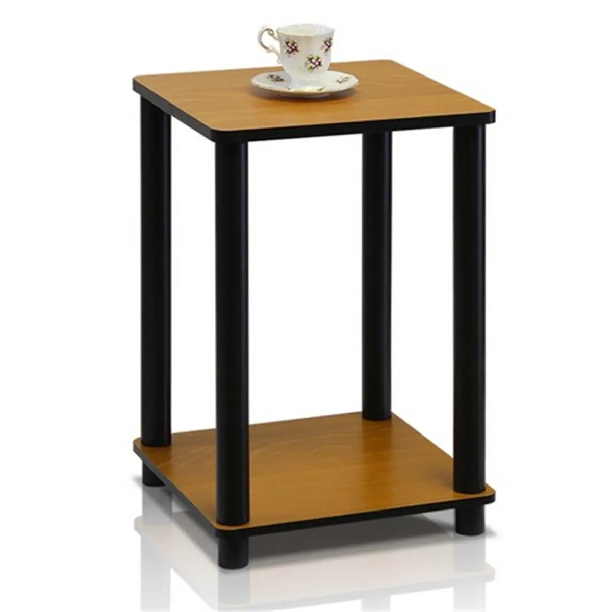 Furinno Modern Side Table - Light Cherry & Black Square Indoor Tea Table, 20x13.4x13.4in Recycled Wooden Tabletop, Plastic PVC Tube Legs, Portable RTA Furniture, Easy Assembly, Clean Look, Space-Saving for Small Rooms, Side Tables