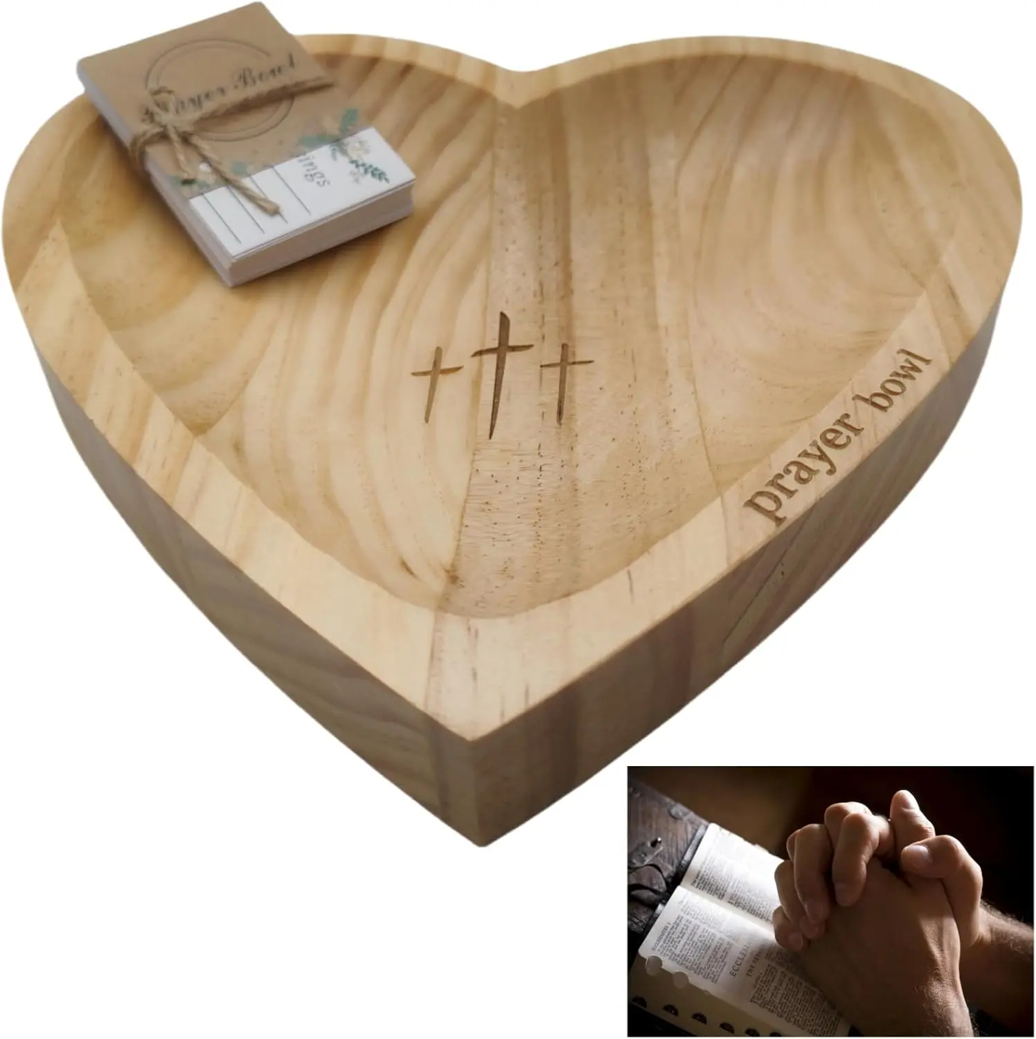 Wooden Prayer Bowl with 24 Blessing Cards, Heart Shaped Bowl with Engraved Cross and Text, Enhance  Decor or Prayer Room Ambiance(Dark Yellow)