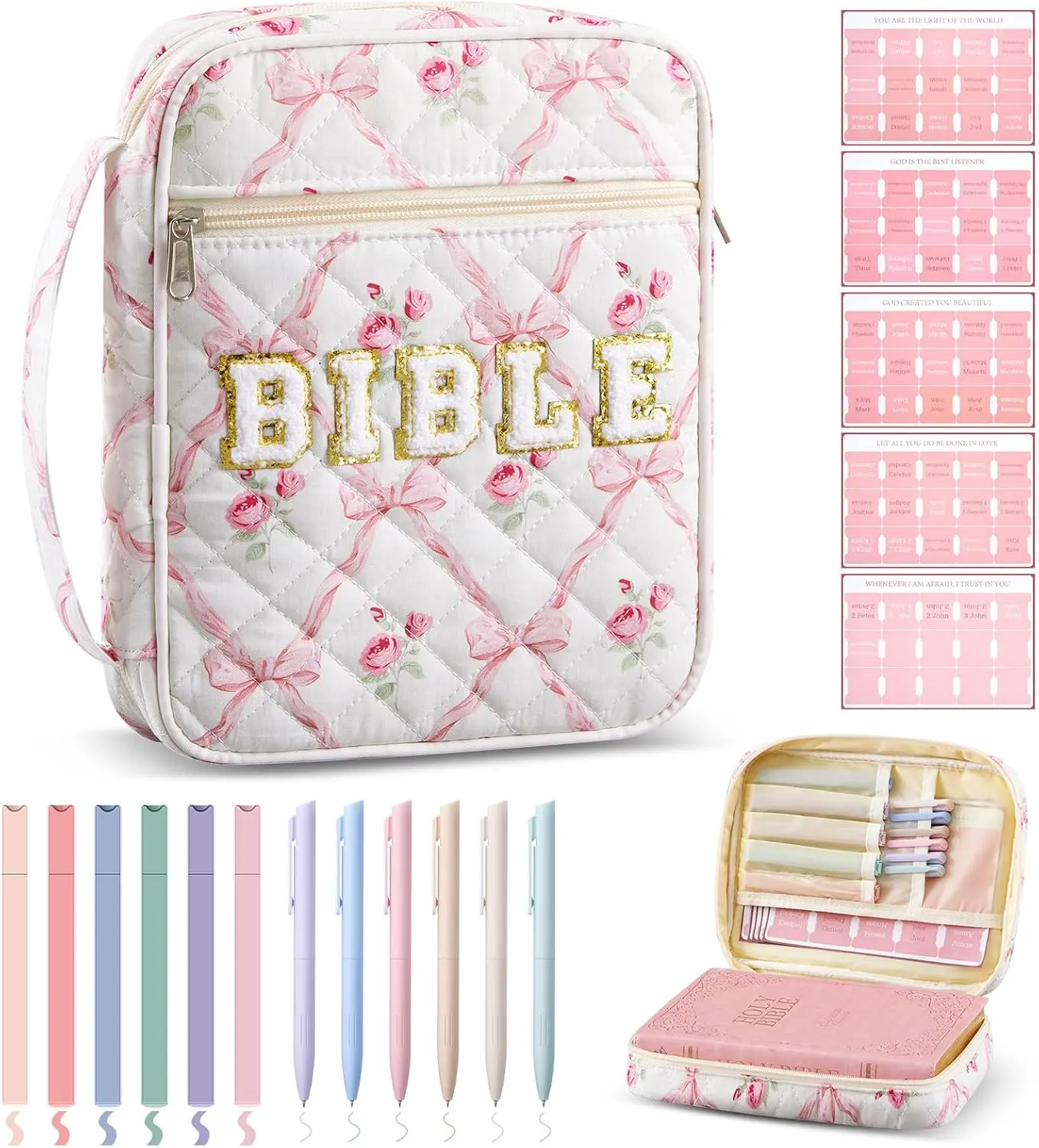 Gejoy Pink Bible Cover Case for Women Quilted Bible Bag Christian Gift with Organizer Tabs 6 Colored Pens 6 Highlighters Carrying Tote Bag for Church Bible Study Sunday Prayer, Religious Gifts