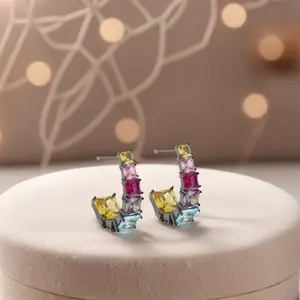 Swyii J-shaped Colorful Gemstone Ear Huggies for Women, Party Glam Jewelry Gift for Her, Non Tarnish, Trendy All-match Luxury, Daily Decor, Holiday Haul, Valentine's Gifts for Her, Celebration Style