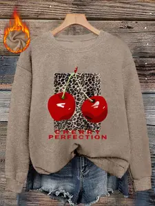 Women's casual and fashionable crew neck faux Knit sweater top, women's crew neck faux Knit sweater top, cherry leopard print comfortable crew neck faux Knit sweater top