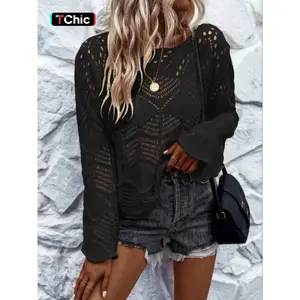 Women's Plain Hollow Out Sweater, Casual Long Sleeve Pullover for Daily Wear, Ladies Knitwear for All Seasons, Tops