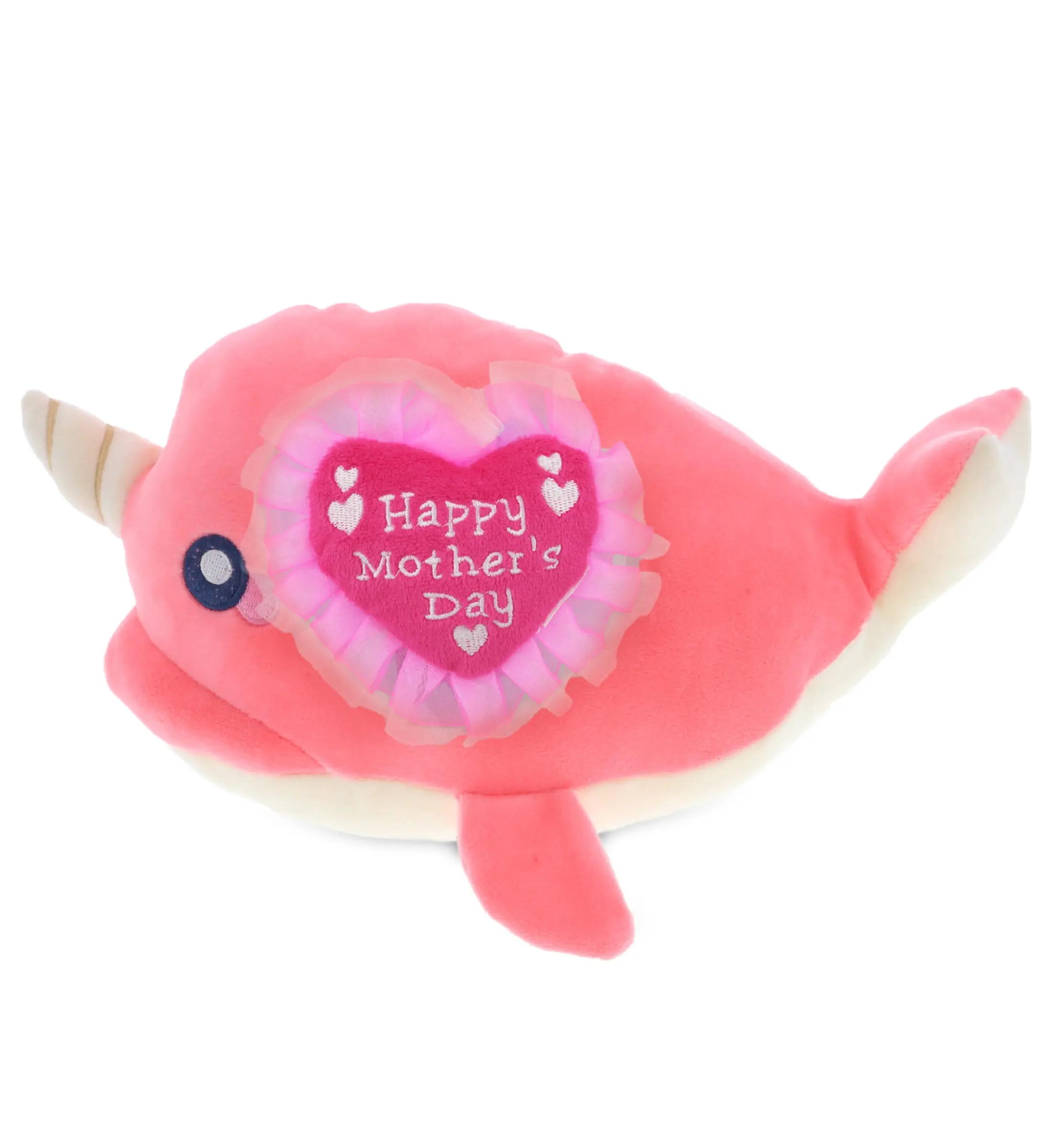 DOLLIBU Baby-Soft Embroidered Pink Narwhal Heart Stuffed Toy - 11.75x9x6.5in Polyester Fabric Sea Life Plush, Surface Wash Cold Water, Ideal for Wives, Happy Mother's Day Gifting, Room Decor (1 DOLLIBU Baby-Soft Plush Pink Narwhal Stuffed Heart Toy)