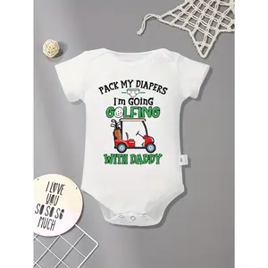 "Play Golf with Dad" Baby Jumpsuit-Soft, round Neck, Machine Washable-Perfect Choice for Summer, Diaper, Letter Print, Golf Cart Pattern, Ideal for Outdoor