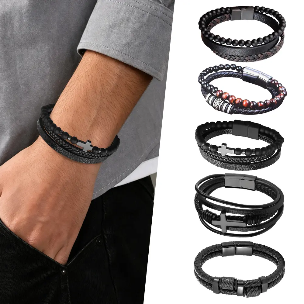 5PCS Black Leather Bracelets for Men Women Mens Bracelet Leather and Steel Braided Cuff Bracelets