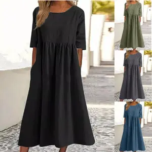 New spring-summer round-neck long dress, 3/4 sleeve plus-size casual long dress, loose-fitting solid color cotton-linen dress