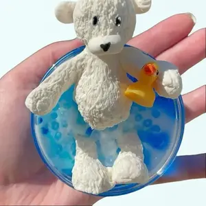 Squeaky Clean Slime Kit with Adorable White Teddy Bear & Yellow Duck Figure - 5oz Unscented Shimmery Clear Base with Bubble Beads for Sensory Fun