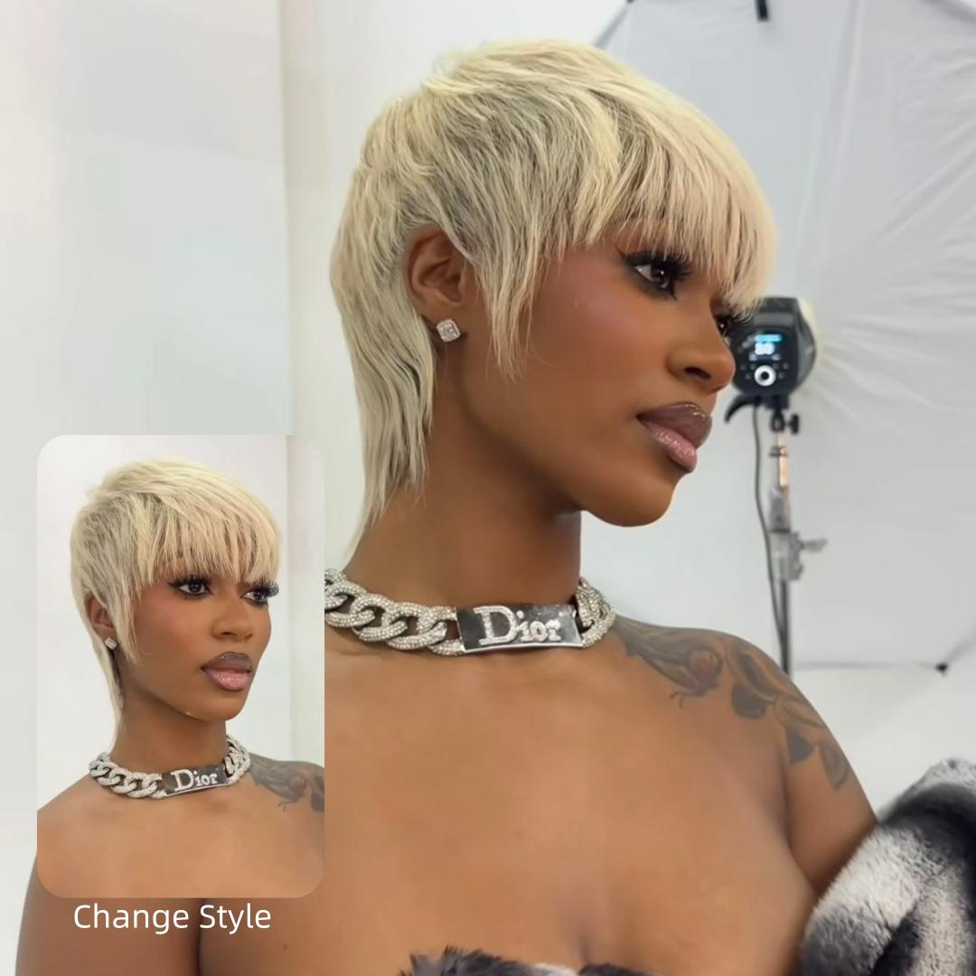 [Summervibes] AliPearl Wigs Glueless Straight Blond #613 Short Pixie Cut Wig T-part Lace Short Bob Wig with Bangs Ready to Go Pre Cut Pre Plucked For Women Human Hair