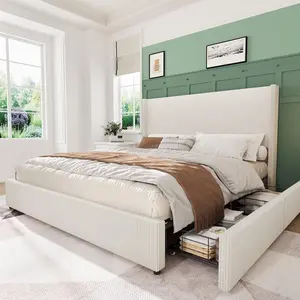 【Christmas Gift】King Size Upholstered Platform Bed Frame with Storage Drawers Corduroy Wingback Tufted Headboard and Footboard No Box Spring Needed Beige