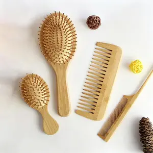 #mothersdaygift Bamboo Hair Comb Set, 4-Count Natural Bamboo Paddle Detangling Hairbrush, Wide-Tooth and Tail Comb, Smoothing Hair Styling Tools for Women and Men, Curly Hair Care Grooming Gift