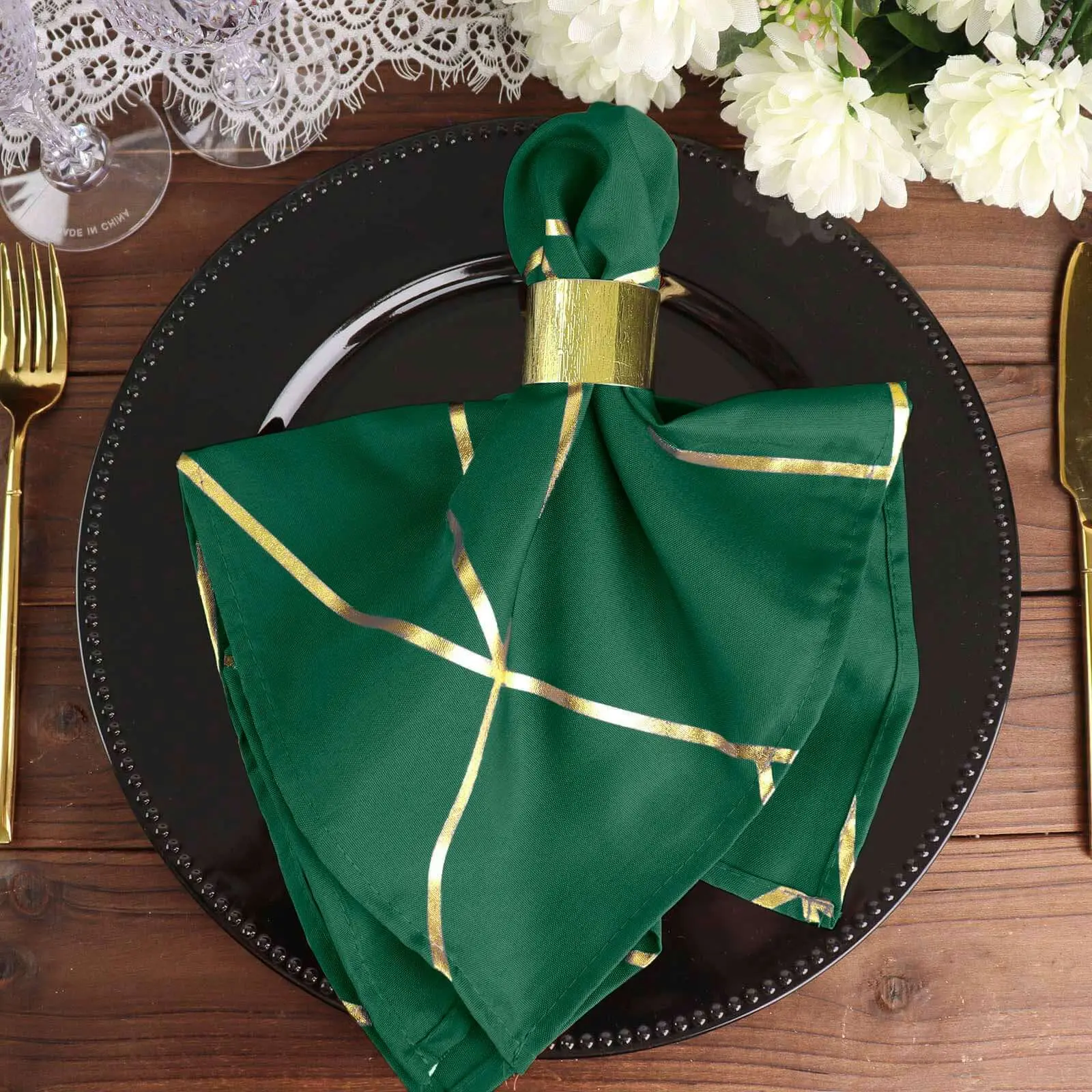 5-Pack Polyester 20"x20" Fabric Napkins, Hunter Emerald Green with Gold Geometric Foil Pattern - Modern Reusable Tableware Dinner Napkins