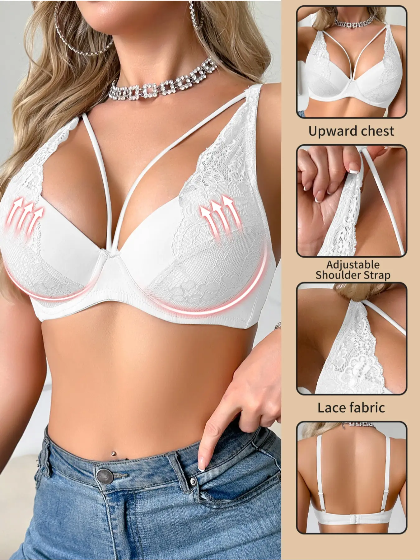 Women's Lace Bralette with Underwire, Medium Support Push-Up, Elegant Fashion, Daily Wear, Fitted Design, All Seasons