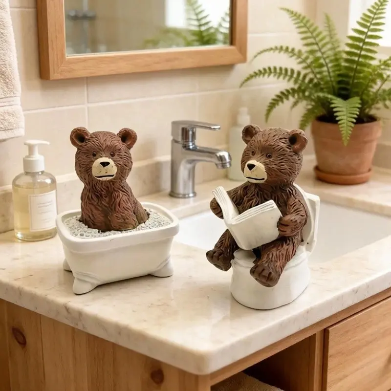 A set of 2 brown bear ornaments for bathroom decoration, cute resin shelf decorations, including a bathtub bear and a reading bear on the toilet