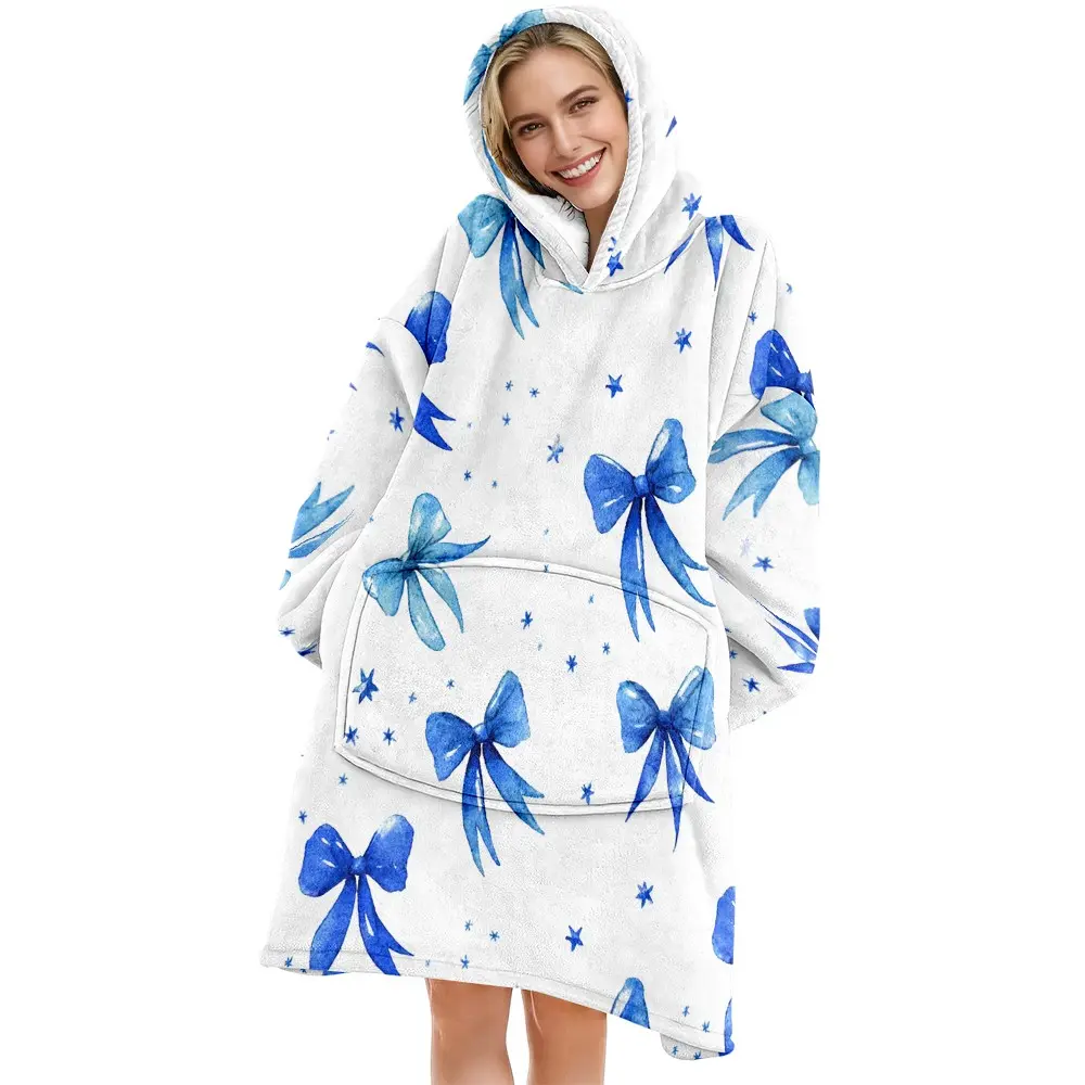 hoodie blanket，Wearable Blanket，Cozy Hooded Blanket, Wearable Throw, Bow Print Hooded Blanket, Digital Print Flannel Blanket, Soft Warm Blanket for Sofa, Home Leisure, Air Conditioning，Christmas Gift,Valentine's Day gift