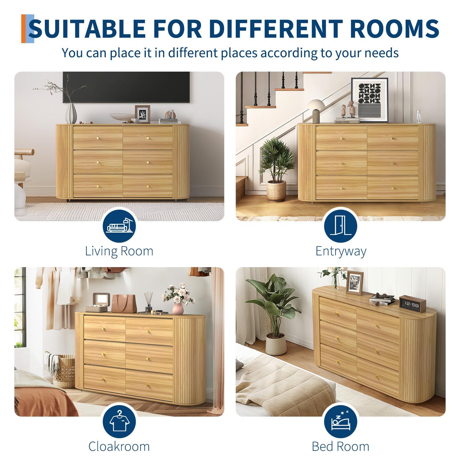 6 Drawer Vintage Farmhouse Dresser with Power Outlet, Large Storage Cabinet for Bedroom & Living Room, Curved Edge Organizer with Metal Handles