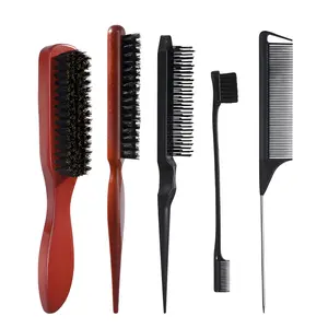5-Piece Hair Styling Tools Set, Pig Bristle Brush, Lint Comb, Tail Comb, Create Salon-Quality Hairstyles at Home, Party Style Essentials, Hair Grooming Kit