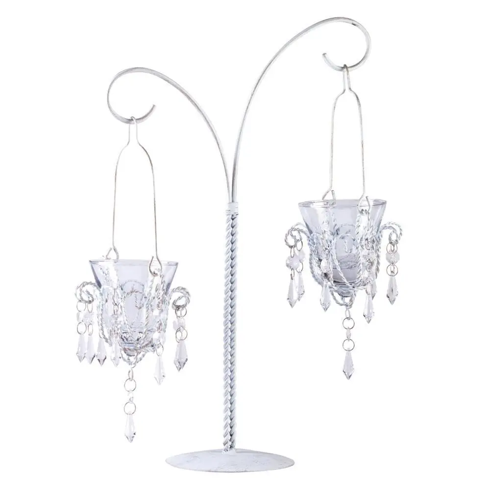 Mini-Chandelier Votive Stand with Decorative Crystal Accents, Metal Frame & Hanging Design for Home Decor