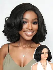Short Yaki Wave Bob Wig, Kinky Straight Ends, Curly Wavy Wigs for Women, Layered Cut, Side Part, Body Wave, Loose Wave Wigs, Machine Made Wig, Synthetic Hair, All Seasons