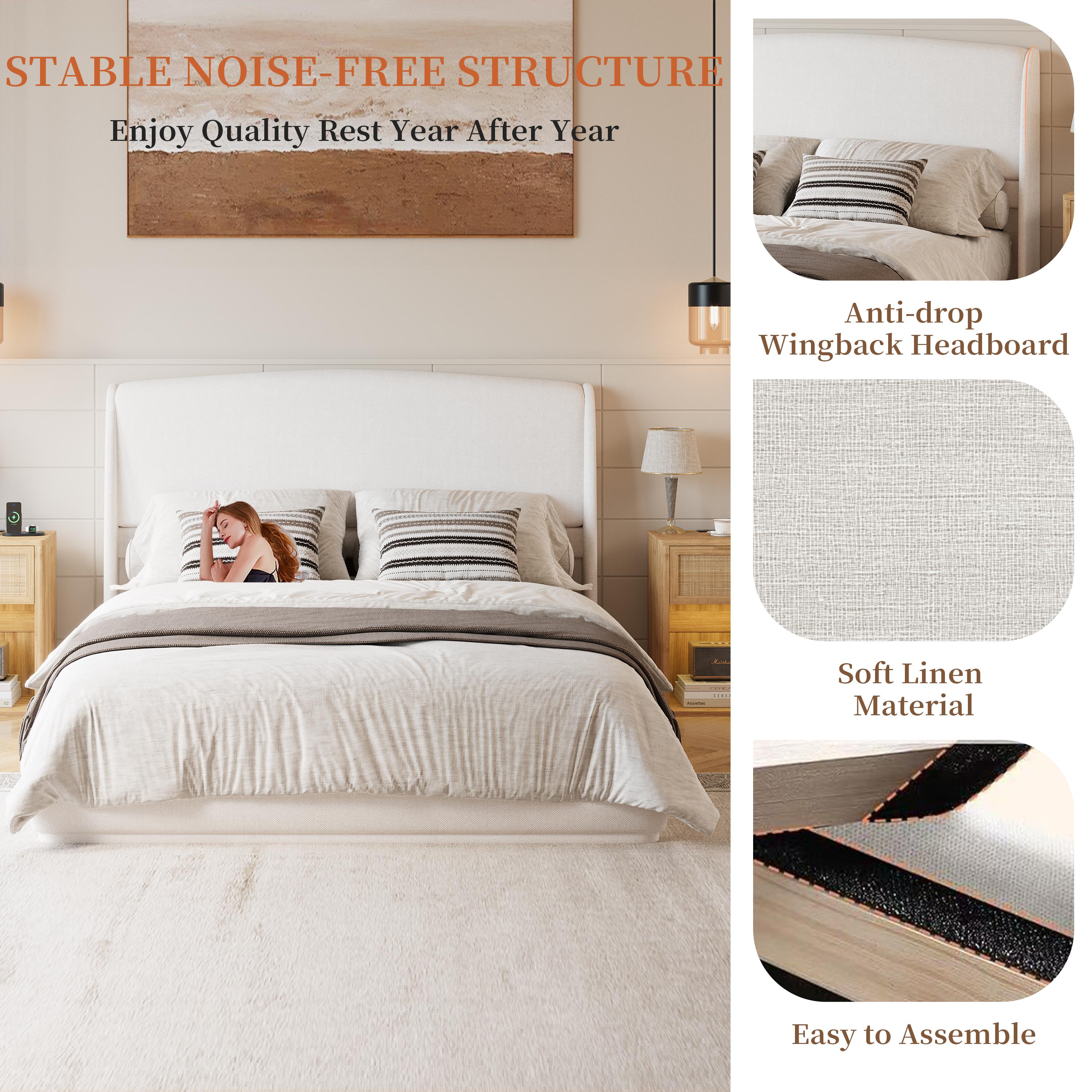 Upholstered Queen Bed Frame with Wingback Headboard, Low Profile Platform Bed with Padded Headboard, No Box Spring Needed, Easy Assembly, Elegant Linen Fabric, Brown/Beige