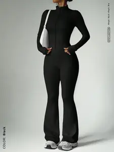 Nude-feel fitness outfit for women, slimming zip-up long-sleeve jacket, nude-feel yoga tight-fitting long pants, flared pants