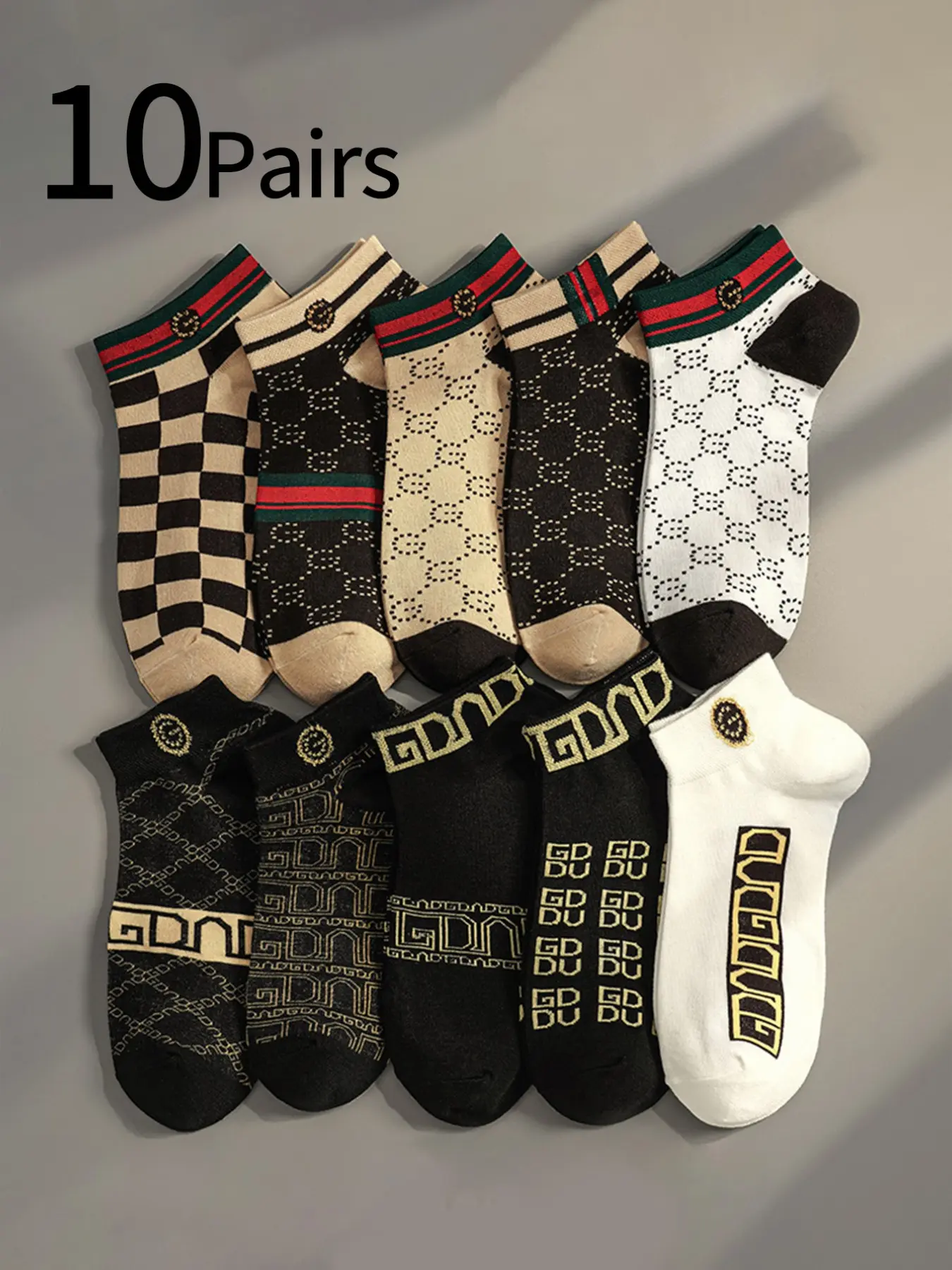 Men's Vintage Chessboard Letter Ankle Socks, 10 Pairs, Sock Set Foot, Moisture-Wicking Breathable Athletic Sports Socks, Trendy Footwear